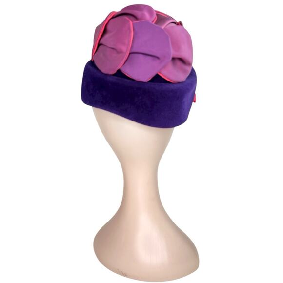 Vintage 1950s Purple Wool Felt Tilt Hat Satin Floral Crown Side Cord Regency main image 4